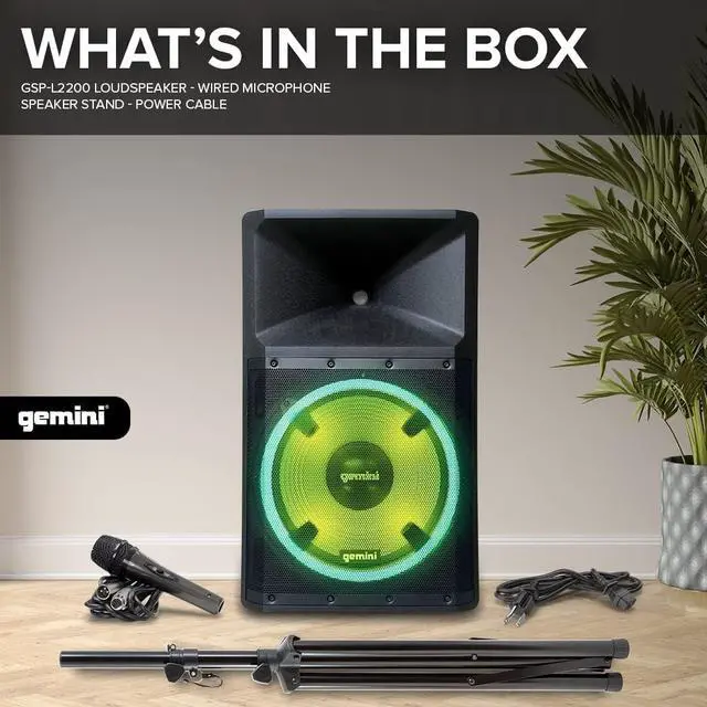 Alt view image 3 of 7 - Gemini 15 2200W Bluetooth PA Speaker System  DJ Loudspeaker with Stand, Wired Mic, LED Lights, TWS Stereo Pairing, 3-Channel Mixer, EQ Control  AC Powered (GSP-L2200PK)