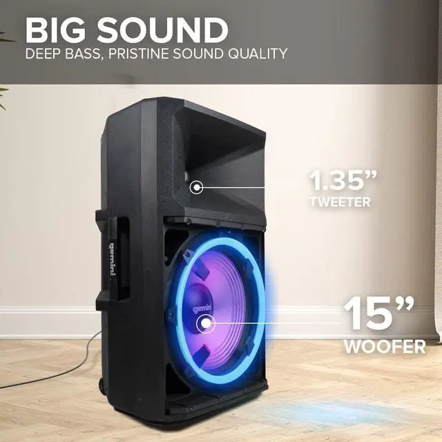 Alt view image 4 of 7 - Gemini 15 2200W Bluetooth PA Speaker System  DJ Loudspeaker with Stand, Wired Mic, LED Lights, TWS Stereo Pairing, 3-Channel Mixer, EQ Control  AC Powered (GSP-L2200PK)