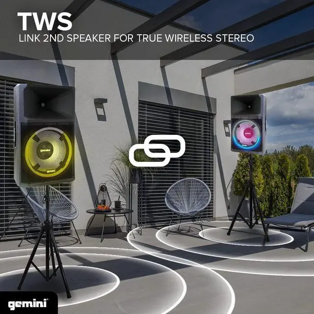 Alt view image 5 of 7 - Gemini 15 2200W Bluetooth PA Speaker System  DJ Loudspeaker with Stand, Wired Mic, LED Lights, TWS Stereo Pairing, 3-Channel Mixer, EQ Control  AC Powered (GSP-L2200PK)