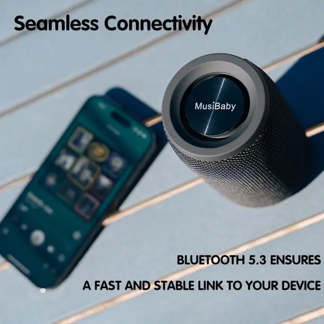 Alt view image 7 of 7 - Bluetooth Speaker, MusiBaby Wireless Portable Speaker - Waterproof, Outdoor, Bluetooth 5.0, Dual Pairing, Loud Stereo, Deep Bass, 24H Playtime - Gift Ideas for Home, Party, Travel (BLK)