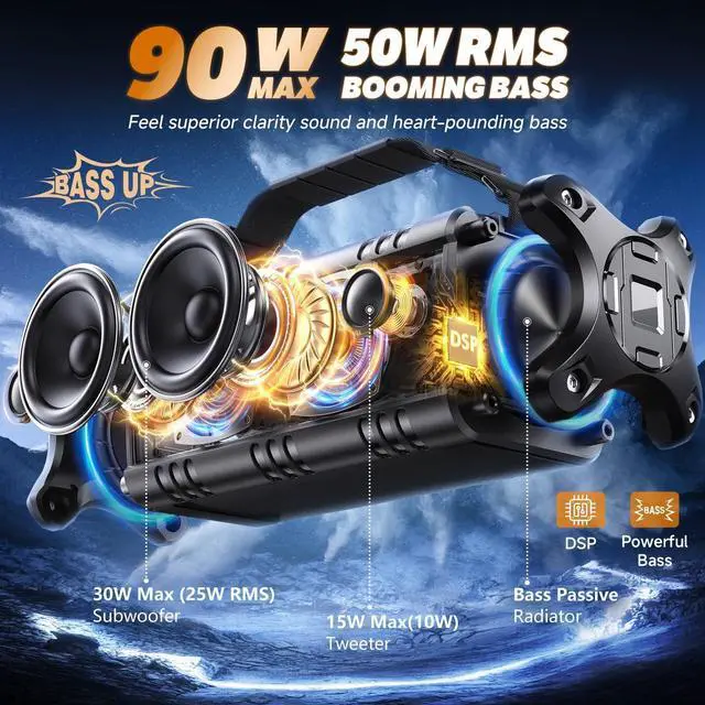 Alt view image 2 of 7 - W-KING Bluetooth Speaker, 90W Max Portable Outdoor Speaker Loud, IPX6 Waterproof/50W Deep Bass Subwoofer/40H/EQ/Dual Pairing/TF/AUX, Large Boombox Speakers Bluetooth Wireless for Party/Beach/Jobside