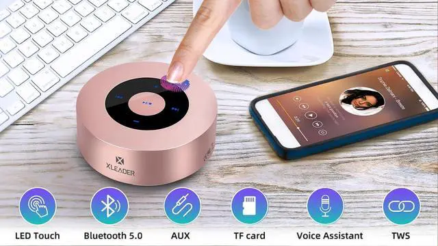 Alt view image 2 of 7 - XLEADER Mini Bluetooth Speaker (Travel Case Provided) HD Sound&Rich Bass, Touch Design, 12-15H Playtime, Support Aux Input, Micro SD, Mic, for iPhone Laptop Shower Office, Ideal Gifts, Pink Rose Gold