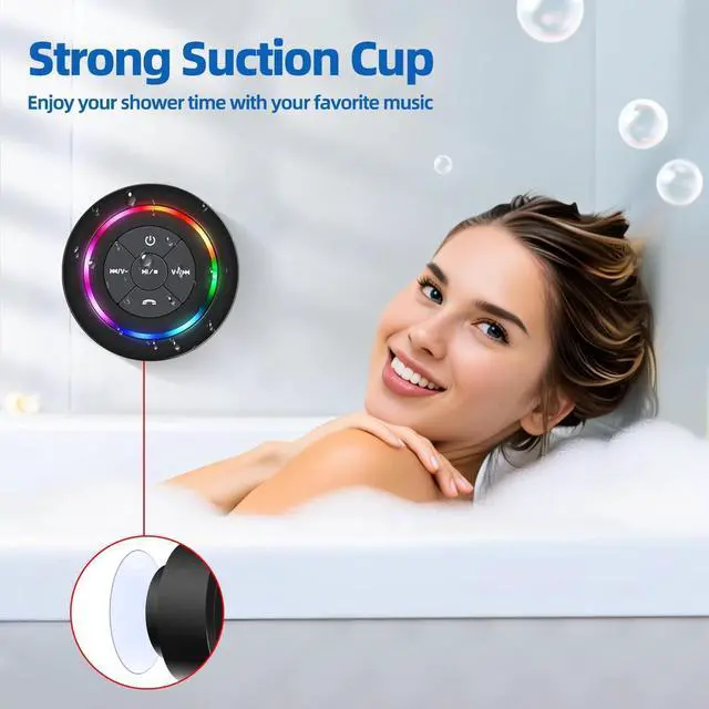 Alt view image 2 of 7 - Mini Bluetooth Shower Speaker with Suction Cup, Wireless Shower Speaker Bluetooth Waterproof, IP67 Floating Waterproof Bathroom Speaker with LED Light, Ideal Gifts for Men Women Kids