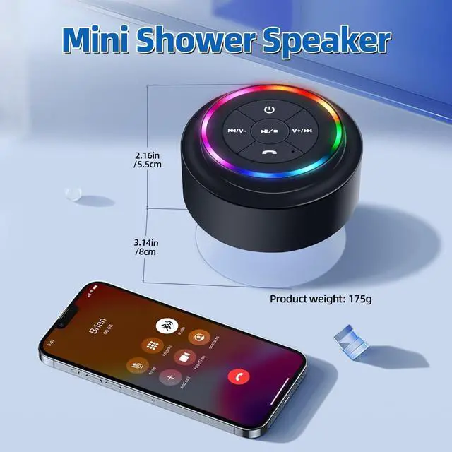 Alt view image 6 of 7 - Mini Bluetooth Shower Speaker with Suction Cup, Wireless Shower Speaker Bluetooth Waterproof, IP67 Floating Waterproof Bathroom Speaker with LED Light, Ideal Gifts for Men Women Kids