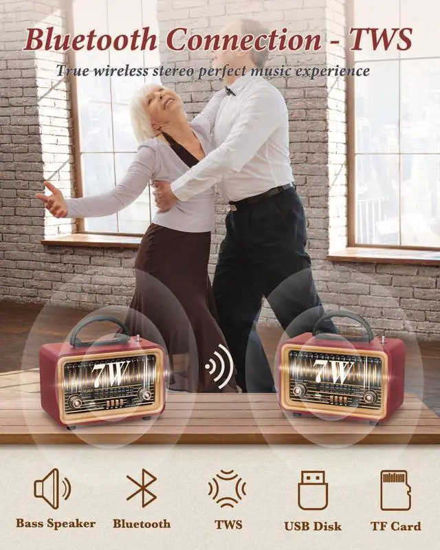 Alt view image 2 of 6 - PRUNUS Retro Vintage Radio with Bluetooth Rich Bass Stereo Sound, Radios Portable AM FM, Rechargeable Speaker with TWS Pairing, Loud Volume,BT5.0, TF Card & MP3 Player for Home/Party