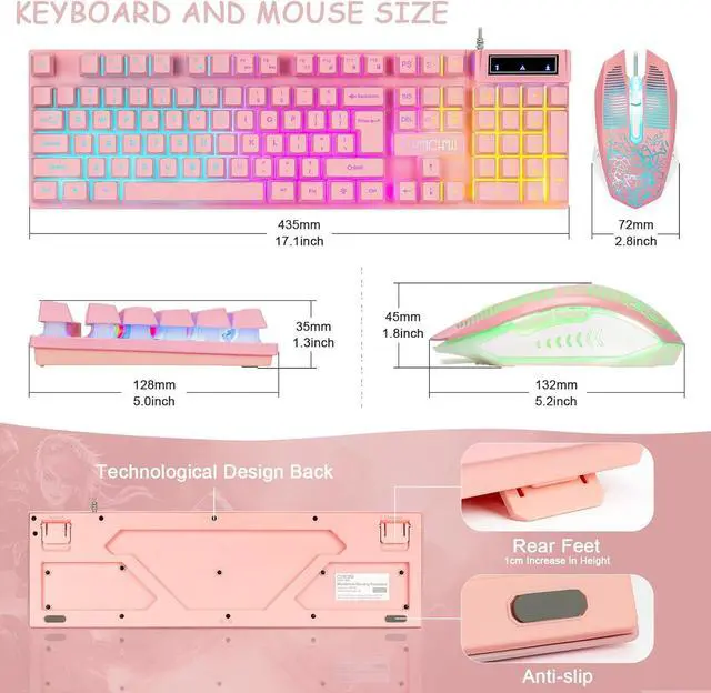 Alt view image 2 of 7 - CHONCHOW Pink Gaming Keyboard and Mouse Combo with led, 104 Keys Wired Light Up Keyboard and Colorful Mouse for PC Laptop Computer PS4 Xbox, 19 Keys Anti-Ghosting, Multimedia Keys, Number Pad
