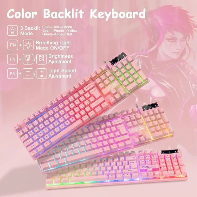 Alt view image 3 of 7 - CHONCHOW Pink Gaming Keyboard and Mouse Combo with led, 104 Keys Wired Light Up Keyboard and Colorful Mouse for PC Laptop Computer PS4 Xbox, 19 Keys Anti-Ghosting, Multimedia Keys, Number Pad