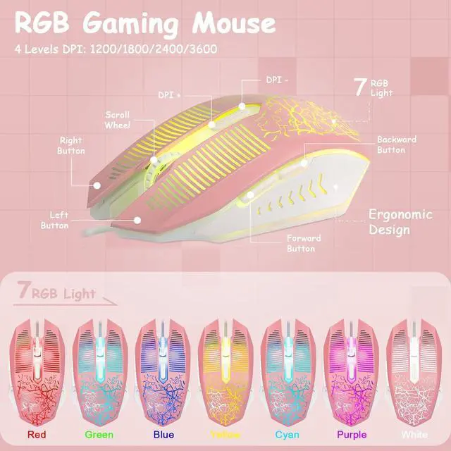 Alt view image 4 of 7 - CHONCHOW Pink Gaming Keyboard and Mouse Combo with led, 104 Keys Wired Light Up Keyboard and Colorful Mouse for PC Laptop Computer PS4 Xbox, 19 Keys Anti-Ghosting, Multimedia Keys, Number Pad