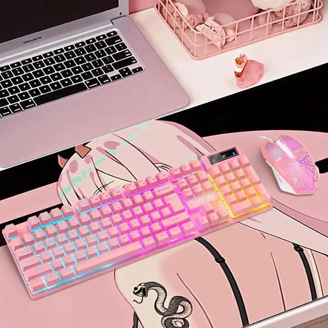 Alt view image 7 of 7 - CHONCHOW Pink Gaming Keyboard and Mouse Combo with led, 104 Keys Wired Light Up Keyboard and Colorful Mouse for PC Laptop Computer PS4 Xbox, 19 Keys Anti-Ghosting, Multimedia Keys, Number Pad