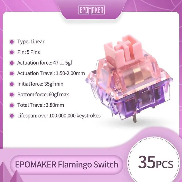Main image of EPOMAKER Flamingo 35 Pieces 47gf Linear Mechanical Keyboard Switches Set, 35gf Initial Force Factory Lubed Switch with POM Stem, Dual Spring, PC Housing for Gaming DIY Keyboard