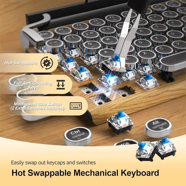 Alt view image 3 of 7 - Retro Typewriter Wireless Mechanical Gaming Keyboard, Bluetooth 5.0 Office Computer Vintage Keyboards 83-Key Blue Switches Punk Round Keycap, LED Backlight, Compatible with PC/Laptop/Pad/Phone, Wood