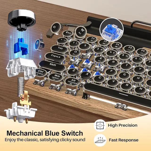 Alt view image 2 of 7 - Retro Typewriter Wireless Mechanical Gaming Keyboard, Bluetooth 5.0 Office Computer Vintage Keyboards 83-Key Blue Switches Punk Round Keycap, LED Backlight, Compatible with PC/Laptop/Pad/Phone, Wood