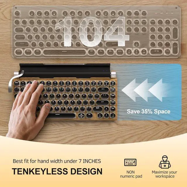 Alt view image 6 of 7 - Retro Typewriter Wireless Mechanical Gaming Keyboard, Bluetooth 5.0 Office Computer Vintage Keyboards 83-Key Blue Switches Punk Round Keycap, LED Backlight, Compatible with PC/Laptop/Pad/Phone, Wood