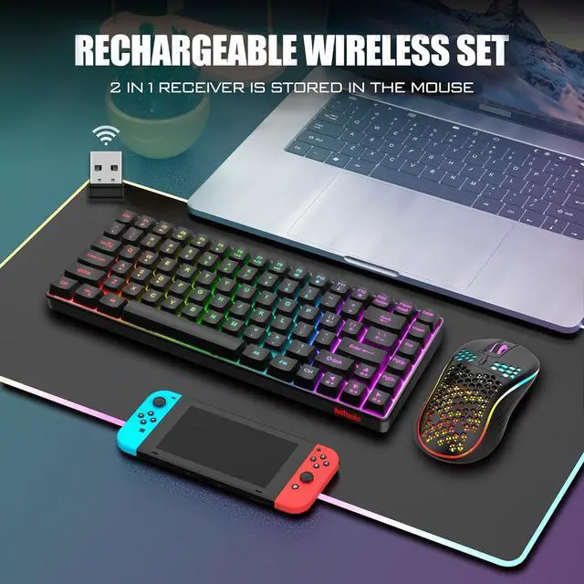 Alt view image 2 of 6 - RedThunder K84 Wireless Keyboard and Mouse Combo, Rainbow Backlit Rechargeable Battery, 75% Layout TKL Ultra Compact Gaming Keyboard & Lightweight 3200 DPI Honeycomb Optical Mouse (Black)