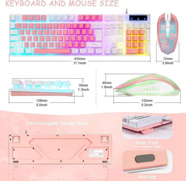 Alt view image 2 of 7 - CHONCHOW Cute Pink Gaming Keyboard and Mouse Combo for Girl, 3 Color Backlit, 19 Keys Anti-ghosting with Kawaii RGB Light Up Mouse for PC Laptop Mac Computer PS4 and PS5, Women Girl - White & Pink
