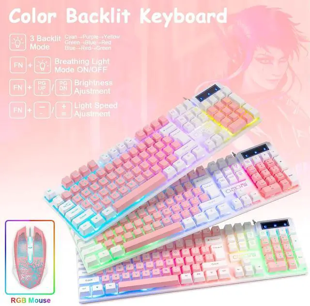 Alt view image 3 of 7 - CHONCHOW Cute Pink Gaming Keyboard and Mouse Combo for Girl, 3 Color Backlit, 19 Keys Anti-ghosting with Kawaii RGB Light Up Mouse for PC Laptop Mac Computer PS4 and PS5, Women Girl - White & Pink