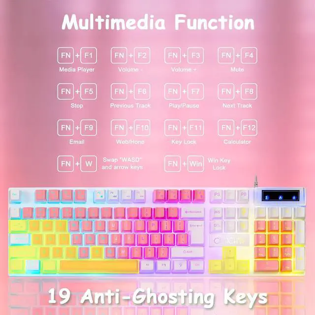 Alt view image 5 of 7 - CHONCHOW Cute Pink Gaming Keyboard and Mouse Combo for Girl, 3 Color Backlit, 19 Keys Anti-ghosting with Kawaii RGB Light Up Mouse for PC Laptop Mac Computer PS4 and PS5, Women Girl - White & Pink