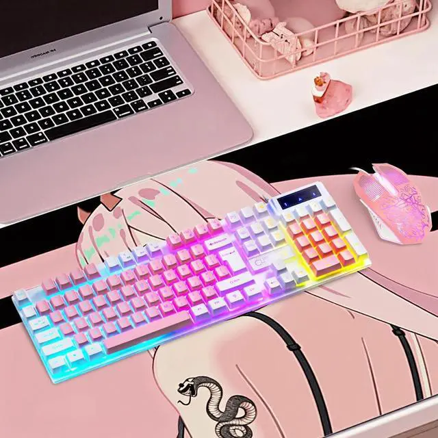 Alt view image 7 of 7 - CHONCHOW Cute Pink Gaming Keyboard and Mouse Combo for Girl, 3 Color Backlit, 19 Keys Anti-ghosting with Kawaii RGB Light Up Mouse for PC Laptop Mac Computer PS4 and PS5, Women Girl - White & Pink