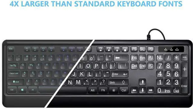 Alt view image 2 of 7 - Large Print Backlit Keyboard, USB Wired Computer Keyboard, Full Size Keyboard with White Illuminated LED Compatible for Windows Desktop, Laptop, PC, Gaming, Black