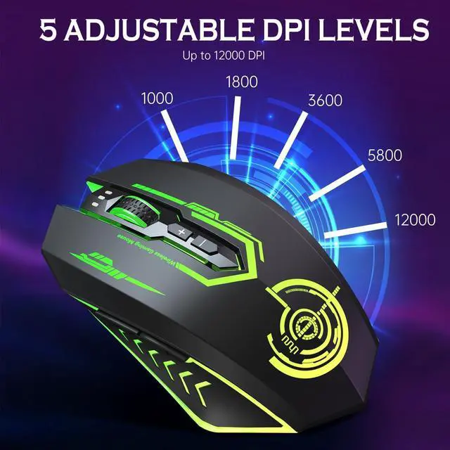 Alt view image 3 of 7 - UHURU Wireless Gaming Mouse Up to 12000 DPI, Rechargeable USB-C Wireless Mouse with 7 Buttons 7 Dynamic LED Color Ergonomic Programmable MMO RPG for PC Laptop, Compatible with Windows Mac