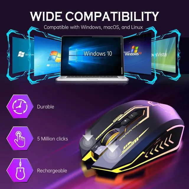 Alt view image 6 of 7 - UHURU Wireless Gaming Mouse Up to 12000 DPI, Rechargeable USB-C Wireless Mouse with 7 Buttons 7 Dynamic LED Color Ergonomic Programmable MMO RPG for PC Laptop, Compatible with Windows Mac