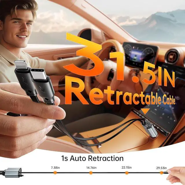 Alt view image 3 of 7 - GUSGU 100W Retractable Car Charger, 4-in-1 Fast Car Phone Charger Featuring a 2.6ft Retractable Cord, with Lightning and USB-C Cable Car Charger Adapters, Compatible All Other Phone Models (Silver)