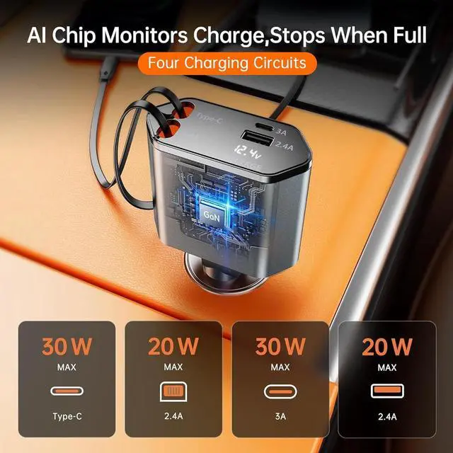 Alt view image 5 of 7 - GUSGU 100W Retractable Car Charger, 4-in-1 Fast Car Phone Charger Featuring a 2.6ft Retractable Cord, with Lightning and USB-C Cable Car Charger Adapters, Compatible All Other Phone Models (Silver)