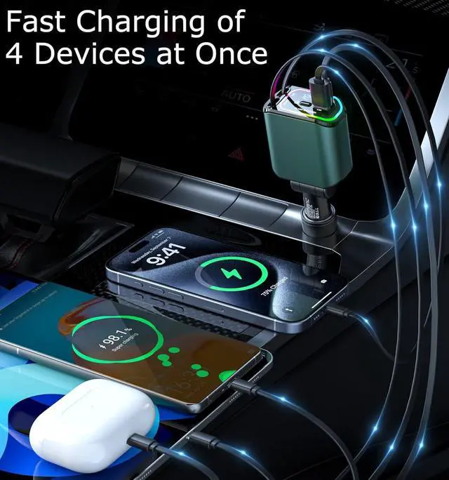 Alt view image 2 of 7 - 4 in 1 Retractable Car Charger USB C 98W Fast Charging Car Accessories Car Phone Charger with Retractable Cord(35.5in) and RGB Light for iPhone 16 15 14 13 12 11 Samsung Android Laptops