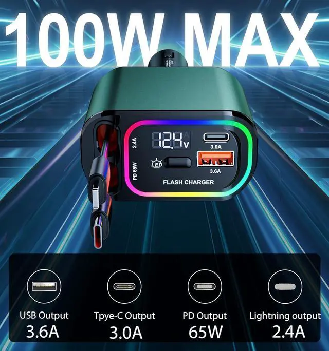 Alt view image 3 of 7 - 4 in 1 Retractable Car Charger USB C 98W Fast Charging Car Accessories Car Phone Charger with Retractable Cord(35.5in) and RGB Light for iPhone 16 15 14 13 12 11 Samsung Android Laptops