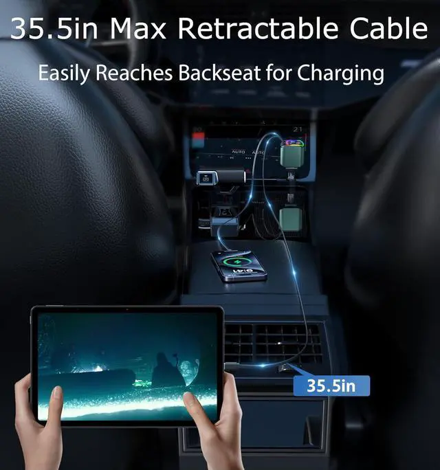 Alt view image 4 of 7 - 4 in 1 Retractable Car Charger USB C 98W Fast Charging Car Accessories Car Phone Charger with Retractable Cord(35.5in) and RGB Light for iPhone 16 15 14 13 12 11 Samsung Android Laptops