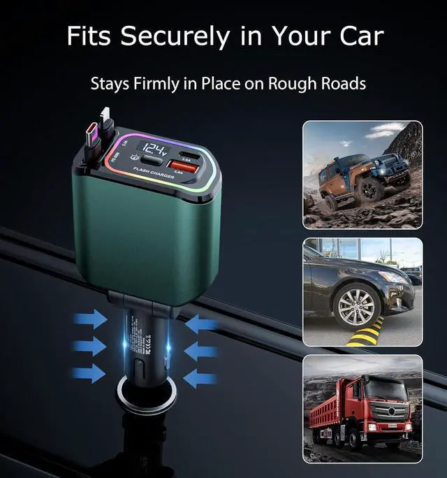 Alt view image 6 of 7 - 4 in 1 Retractable Car Charger USB C 98W Fast Charging Car Accessories Car Phone Charger with Retractable Cord(35.5in) and RGB Light for iPhone 16 15 14 13 12 11 Samsung Android Laptops