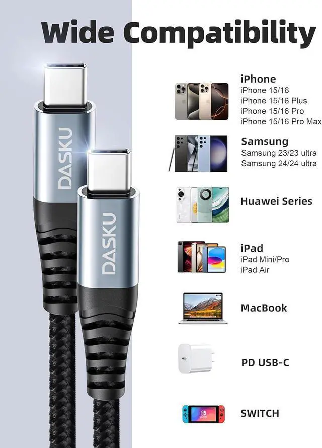 Alt view image 6 of 7 - Dasku Extra Long USB C to USB C Cable 100W [15ft/2 Pack] Charger Cable Fast Charging Compatible with iPhone 16/16 Plus/16 Pro Max, iPhone 15 Series, Galaxy S24/S23/S22, Car Play, MacBook, iPad