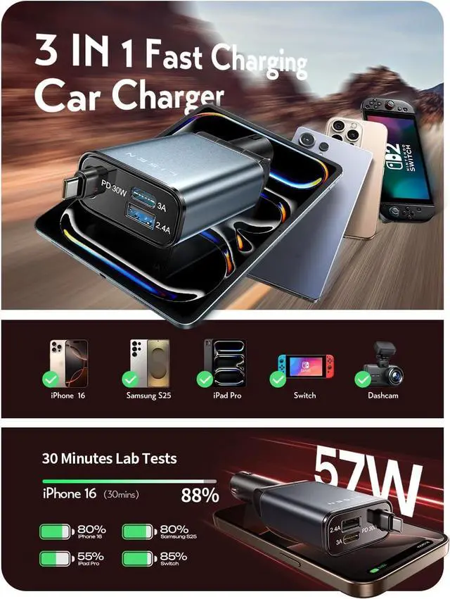 Alt view image 4 of 7 - iPhone 16/15 Car Charger USB C Fast Charging Retractable 60% Less Space Mini 57W Fast iPhone 16/15 USBC Type C Charger for 17 iPhone 16 15 Pro Max Plus Galaxy S25/24 ZAndroid