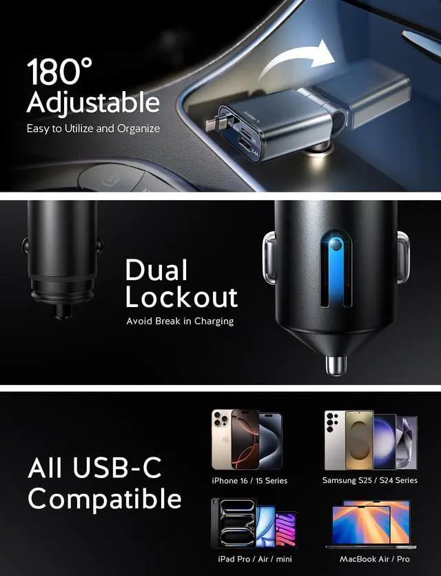 Alt view image 6 of 7 - iPhone 16/15 Car Charger USB C Fast Charging Retractable 60% Less Space Mini 57W Fast iPhone 16/15 USBC Type C Charger for 17 iPhone 16 15 Pro Max Plus Galaxy S25/24 ZAndroid