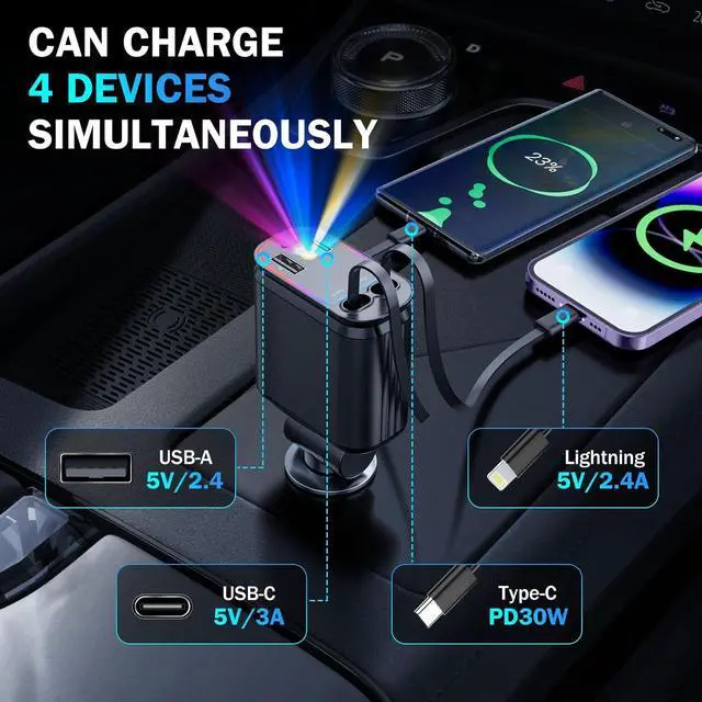Alt view image 4 of 7 - 4 in 1 Retractable Car Chargers with Starlight, 66W USB C Fast Car Charger Adapter with 2 USB Ports for All iPhone 15/14/13/12/11 and for All Android (Black - RedLight)
