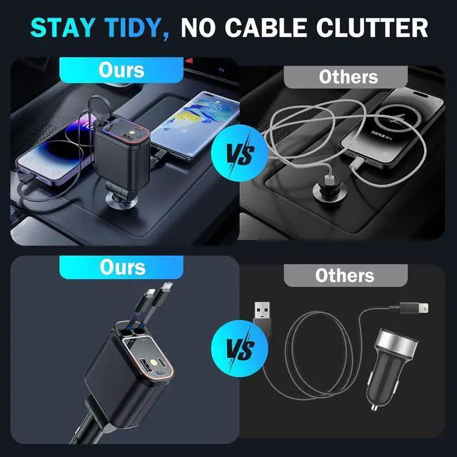 Alt view image 6 of 7 - 4 in 1 Retractable Car Chargers with Starlight, 66W USB C Fast Car Charger Adapter with 2 USB Ports for All iPhone 15/14/13/12/11 and for All Android (Black - RedLight)
