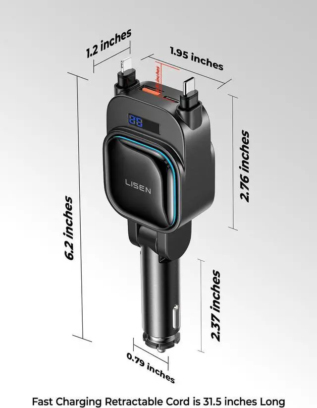 Alt view image 2 of 7 - LISEN 96W Retractable Car Charger[USB C Cable & L Cable], 4 in 1 Fast Charging Retractable Car Charger with Voltage Detection & Ambient Lighting for iPhone Samsung Galaxy S25 S24 Pixel 10 Pro