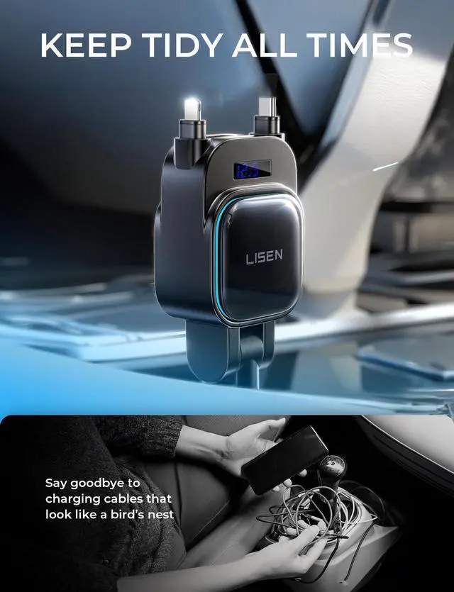 Alt view image 5 of 7 - LISEN 96W Retractable Car Charger[USB C Cable & L Cable], 4 in 1 Fast Charging Retractable Car Charger with Voltage Detection & Ambient Lighting for iPhone Samsung Galaxy S25 S24 Pixel 10 Pro