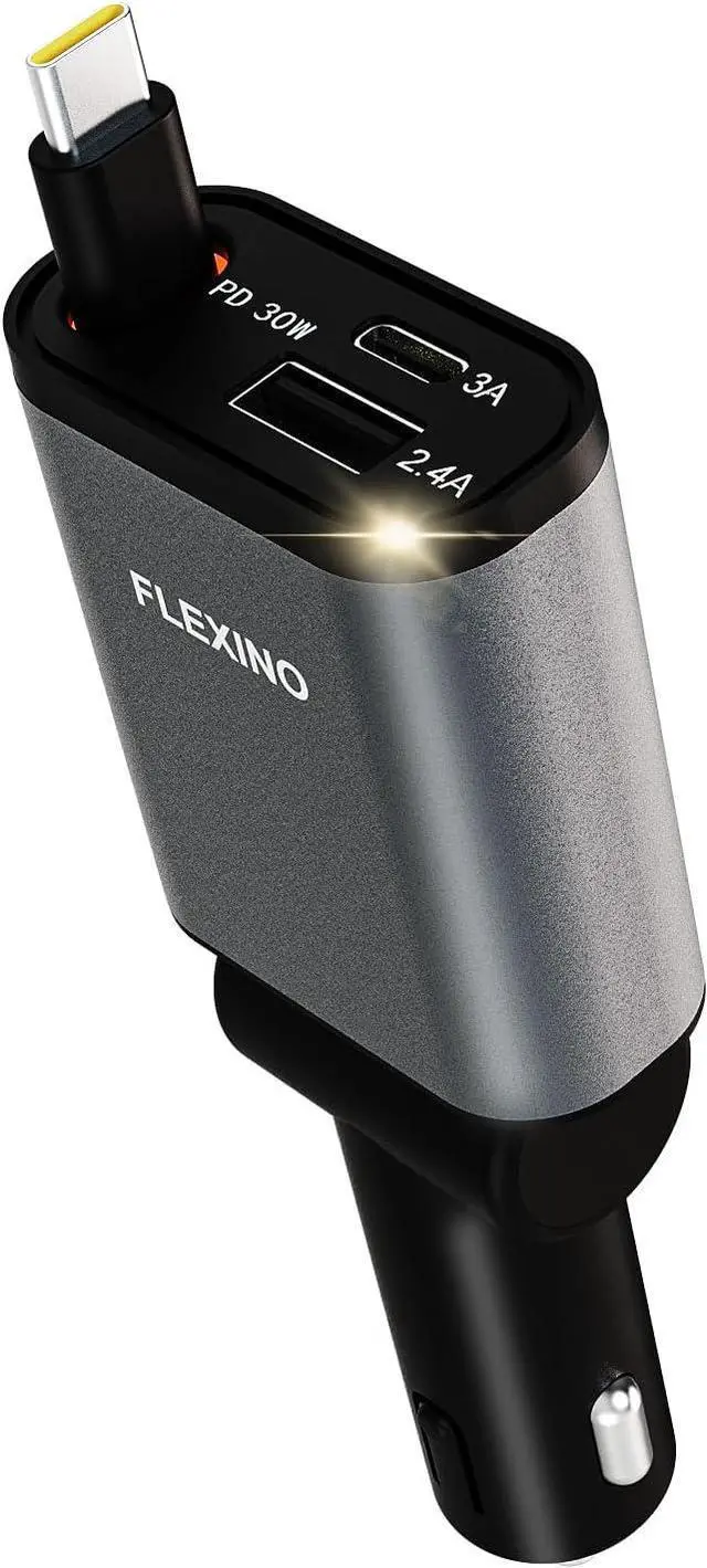 Main image of Flexino Ultra-Slim Retractable Car Charger for iPhone 16, 57W Fast Charging Car Chargers, USB C Car Charger Adaptor, Cigarette Lighter Adapter for iPhone 16/15 Series, Galaxy, Pixel, Grey