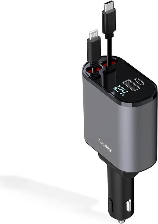 Main image of AutoSky 4-in-1 Retractable Fast Charger, for Cars: 100W Car USB-C & iPhone Cable, USB-C/A Ports - Compatible with iPhone, Galaxy, Pixel and More.