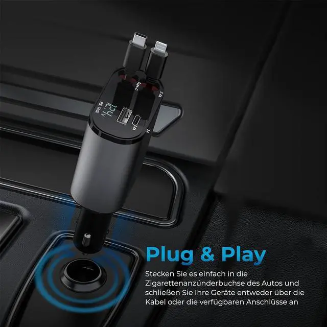 Alt view image 2 of 6 - AutoSky 4-in-1 Retractable Fast Charger, for Cars: 100W Car USB-C & iPhone Cable, USB-C/A Ports - Compatible with iPhone, Galaxy, Pixel and More.