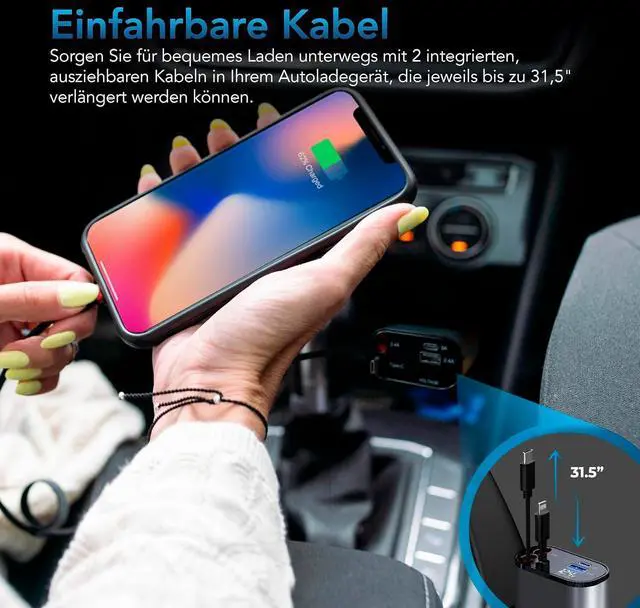 Alt view image 3 of 6 - AutoSky 4-in-1 Retractable Fast Charger, for Cars: 100W Car USB-C & iPhone Cable, USB-C/A Ports - Compatible with iPhone, Galaxy, Pixel and More.