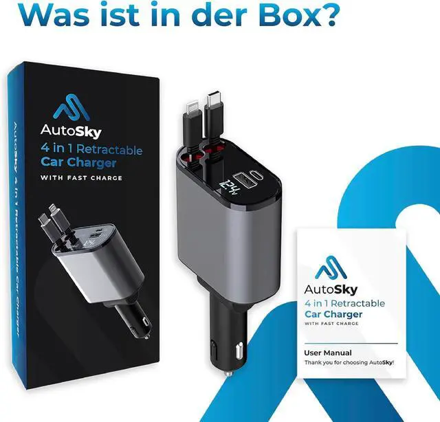 Alt view image 6 of 6 - AutoSky 4-in-1 Retractable Fast Charger, for Cars: 100W Car USB-C & iPhone Cable, USB-C/A Ports - Compatible with iPhone, Galaxy, Pixel and More.