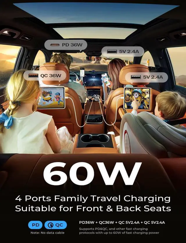 Alt view image 2 of 7 - LISEN Back to School 60W USB C Car Charger,Travel Essentials 4-Port Super Fast Charging Type C Car Charger for Multiple Devices, Cigarette Lighter Adapter for iPhone 16/16e/15 Pro Max, Samsung, Piexl