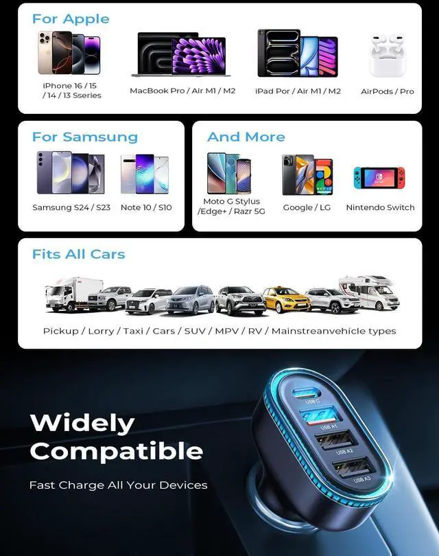 Alt view image 6 of 7 - LISEN Back to School 60W USB C Car Charger,Travel Essentials 4-Port Super Fast Charging Type C Car Charger for Multiple Devices, Cigarette Lighter Adapter for iPhone 16/16e/15 Pro Max, Samsung, Piexl