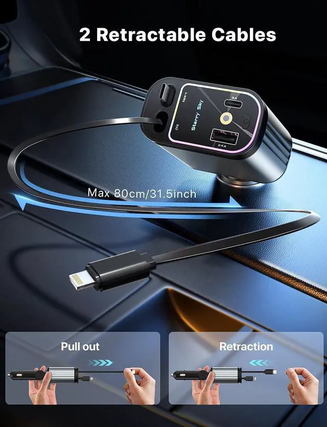 Alt view image 4 of 7 - Starlight Retractable Car Charger with Retractable Cables, Starlight in Car Roof 4 in 1 Super Fast Car Phone Charger, 2 USB Ports Starry Sky Adapter, Compatible with iPhone 15 14 13