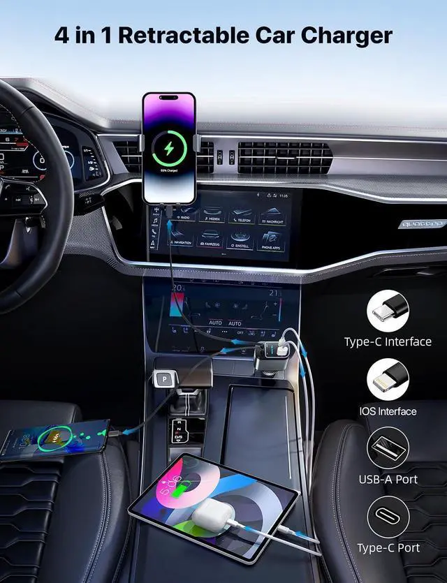 Alt view image 5 of 7 - Starlight Retractable Car Charger with Retractable Cables, Starlight in Car Roof 4 in 1 Super Fast Car Phone Charger, 2 USB Ports Starry Sky Adapter, Compatible with iPhone 15 14 13