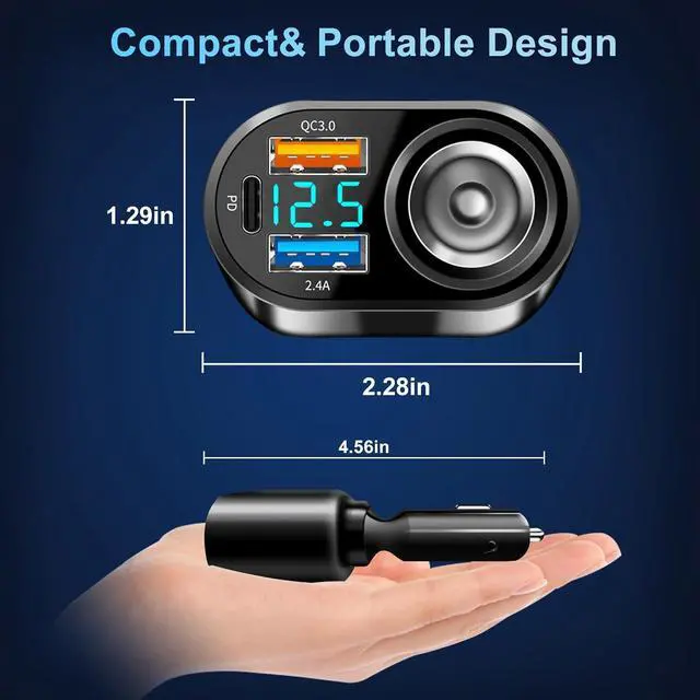 Alt view image 2 of 7 - USB C Car Charger, 90W Cigarette Lighter Adapter Dual USB Fast Charging PD QC 3.0, 12V/24V Car Charger Socket Splitter with LED Voltmeter for Smart Phone GPS Dash Cam