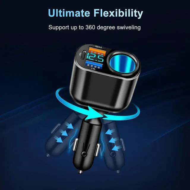 Alt view image 5 of 7 - USB C Car Charger, 90W Cigarette Lighter Adapter Dual USB Fast Charging PD QC 3.0, 12V/24V Car Charger Socket Splitter with LED Voltmeter for Smart Phone GPS Dash Cam