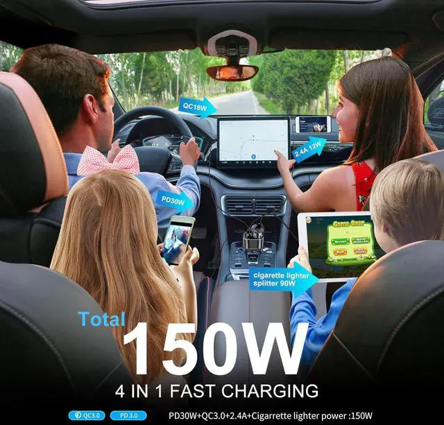 Alt view image 7 of 7 - USB C Car Charger, 90W Cigarette Lighter Adapter Dual USB Fast Charging PD QC 3.0, 12V/24V Car Charger Socket Splitter with LED Voltmeter for Smart Phone GPS Dash Cam